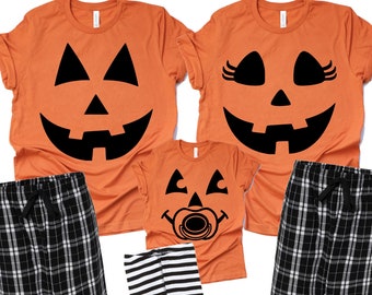 Pumpkin Pajamas, Halloween Pajamas, Matching Pajamas, Family Pajamas, Buffalo Plaid pants, Halloween shirt, Pumpkin Face PJ's