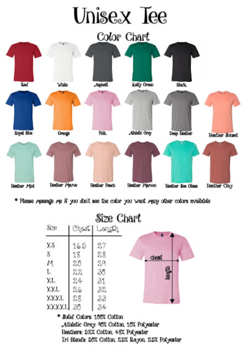 K&ouml;nnte beinhalten: Eine Farbkarte und Gr&ouml;&szlig;entabelle f&uuml;r Unisex-T-Shirts. Die Farbkarte zeigt verschiedene T-Shirt-Farben, darunter Rot, Wei&szlig; und Schwarz. Die Gr&ouml;&szlig;entabelle zeigt Brust- und L&auml;ngenma&szlig;e in cm f&uuml;r die Gr&ouml;&szlig;en XS bis XXXXL. Das Bild enth&auml;lt auch den Text "Unisex Tee".