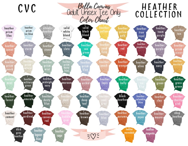 May include: Color chart for Bella Canvas adult unisex tees. The image displays a variety of shirt colors, each labeled with its name, such as "Heather Prism Lilac," "Heather Storm," and "Solid White Blend." The "Heather Collection" is also displayed.