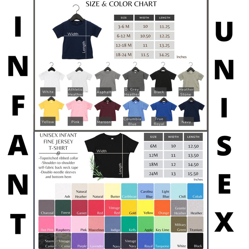 May include: A size and color chart for unisex infant fine jersey t-shirts. The chart displays various colors, including white, yellow, pink, and navy. Measurements are provided in inches for different sizes, from 3-6 months to 24 months.