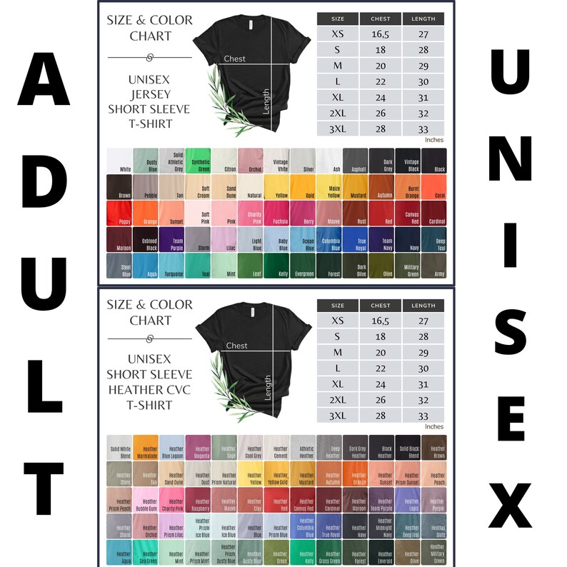 K&ouml;nnte beinhalten: Eine Gr&ouml;&szlig;en- und Farbtabelle f&uuml;r Unisex-T-Shirts mit kurzen &Auml;rmeln. Die Tabelle enth&auml;lt Ma&szlig;e in Zoll f&uuml;r Brust und L&auml;nge sowie eine Farbpalette mit verschiedenen Farbt&ouml;nen. Der Text "ADULT" und "UNISEX" ist ebenfalls sichtbar.