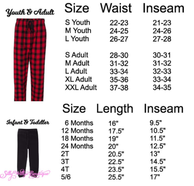 May include: Size chart for plaid pajama pants in red and black. The chart shows sizes for youth and adult, with waist and inseam measurements in inches. A separate chart shows sizes for infants and toddlers, with length and inseam measurements in inches.