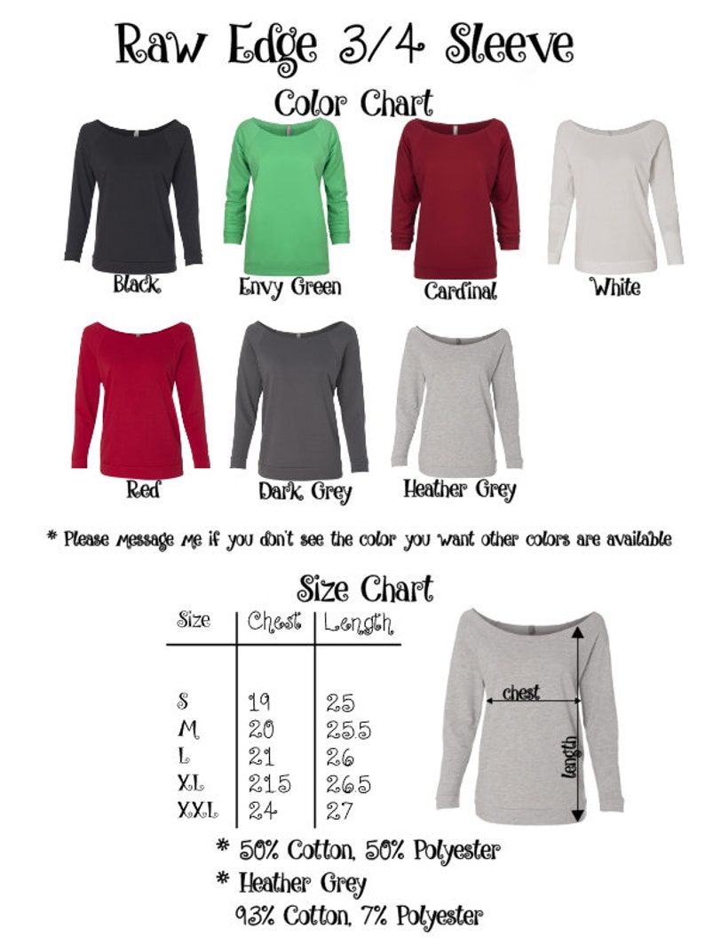 Op de afbeelding: Een maattabel voor een 3/4 mouwshirt in verschillende kleuren, waaronder zwart, jaloers groen, kardinaal, rood, donkergrijs en heather grijs. De tabel toont de borst- en lengtemaat voor de maten S, M, L, XL en XXL. De stofsamenstelling is 50% katoen en 50% polyester voor de meeste kleuren en 93% katoen en 7% polyester voor heather grijs.