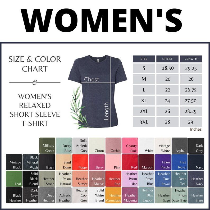 May include: A size and color chart for women's relaxed short sleeve t-shirts. The chart shows the different sizes and corresponding chest and length measurements in inches. The chart also includes a color palette with various shades of blue, green, red, pink, and grey.