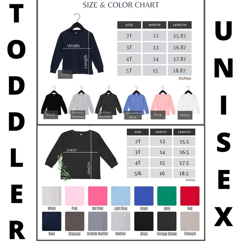Pu&ograve; includere: Tabella delle taglie e dei colori per camicie a maniche lunghe per bambini piccoli e unisex. La tabella mostra le misure di larghezza e lunghezza in pollici per diverse taglie. La tabella mostra anche una variet&agrave; di colori disponibili per le camicie.
