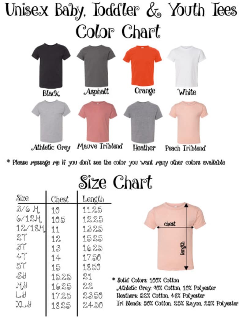 K&ouml;nnte beinhalten: Farb- und Gr&ouml;&szlig;entabelle f&uuml;r Unisex-T-Shirts f&uuml;r Babys, Kleinkinder und Jugendliche. Farben sind Schwarz, Asphalt, Orange, Wei&szlig;, Athletic Grey, Mauve Triblend, Heather und Peach Triblend. Die Gr&ouml;&szlig;entabelle zeigt Brust- und L&auml;ngenma&szlig;e in cm.