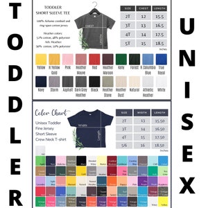 May include: A product image showcasing a toddler short sleeve tee with a size chart. The tee is available in various colors, including yellow, pink, and navy. The size chart provides chest and length measurements in inches for sizes 2T to 5T.