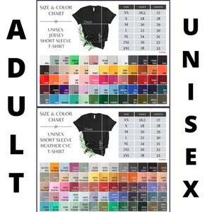 Pu&ograve; includere: Tabella delle taglie e dei colori per t-shirt unisex a maniche corte. La tabella comprende le taglie XS a 3XL con le misure di petto e lunghezza corrispondenti in pollici. La tabella include anche una tavolozza di colori con diverse tonalit&agrave; di bianco, blu, verde, marrone, rosa, rosso, arancione, giallo e grigio.