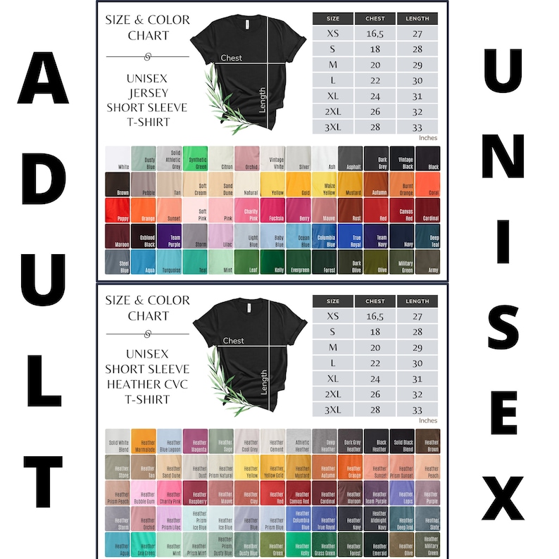 Pu&ograve; includere: Tabella delle taglie e dei colori per t-shirt unisex a maniche corte. La tabella comprende le taglie XS a 3XL con le misure di petto e lunghezza corrispondenti in pollici. La tabella include anche una tavolozza di colori con diverse tonalit&agrave; di bianco, blu, verde, marrone, rosa, rosso, arancione, giallo e grigio.