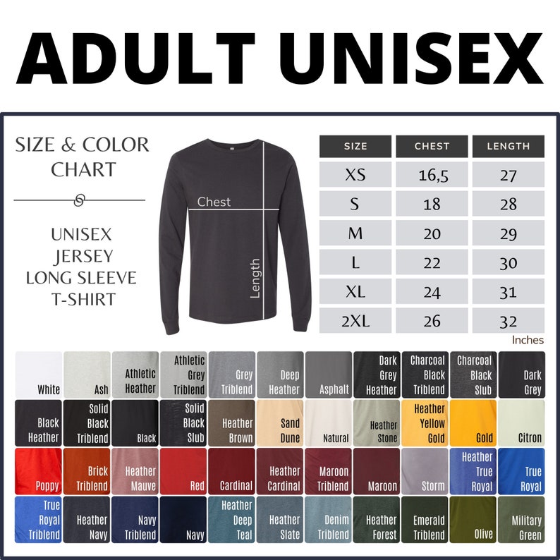 Op de afbeelding: Maattabel voor unisex langarm t-shirts voor volwassenen. De tabel toont borst- en lengtemaat in inches voor maten XS tot 2XL. Een kleurenkaart toont een verscheidenheid aan kleuren voor de t-shirts, waaronder wit, zwart, heather, grijs, rood, marineblauw en meer.
