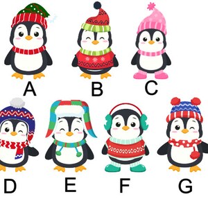 May include: Eight cartoon penguins wearing different winter hats and scarves. The penguins are wearing red, blue, green, and pink hats and scarves. The penguins are all smiling.