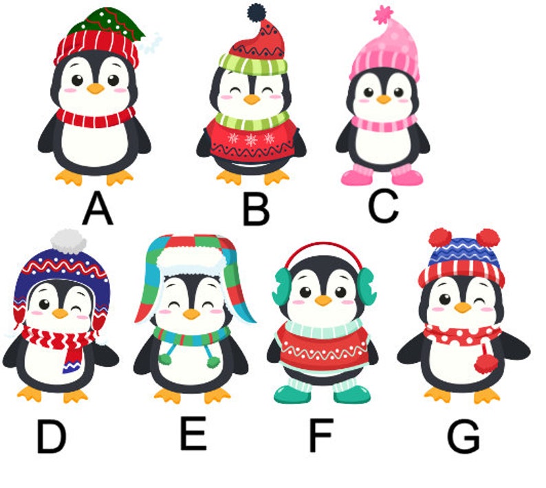 May include: Eight cartoon penguins wearing different winter hats and scarves. The penguins are wearing red, blue, green, and pink hats and scarves. The penguins are all smiling.