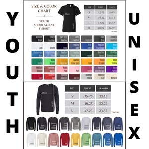 K&ouml;nnte beinhalten: Eine Gr&ouml;&szlig;en- und Farbtabelle f&uuml;r kurz&auml;rmelige T-Shirts und lang&auml;rmelige Shirts f&uuml;r Jugendliche. Die Tabelle zeigt verschiedene Farben, darunter Schwarz, Wei&szlig;, Marineblau und Rot. Die Ma&szlig;e sind in Zoll f&uuml;r Brust und L&auml;nge angegeben, von S bis XL.