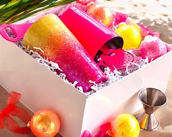 Hot Pink Glitter Cocktail Shaker & Glitter Ornaments Gift Set Bartender Kit Mixology Set
