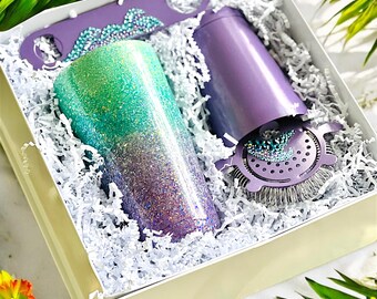 Cocktail Shaker Gift Set with Rhinestone Accessories, Turquoise and Purple Glitter Martini Shaker