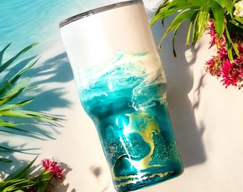 Large 30 oz Stainless Steel Tumbler with Glitter Ocean Art with Lid and Straw, Gift for Beach Lovers