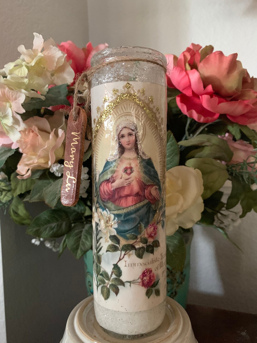 Personalized prayer candle with vintage image of the Blessed Etsy.de