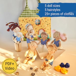 May include: A collection of handmade cloth dolls, each with unique hairstyles and wearing blue and white striped swimsuits. The image includes a tote bag with a house design and text that reads "5 doll sizes, 5 hairstyles, 25+ pieces of clothes".