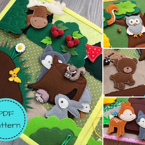 May include: A handmade felt quiet book with forest animal designs. The book features a moose, fox, squirrel, owl, bear, deer, and wolf. The background includes trees, berries, and flowers. The text "PDF Pattern" is in a blue circle.