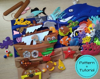 Könnte beinhalten: Ein Filz-Spielset zum Thema Ozean mit einem braunen Schiff, verschiedenen Meeresbewohnern und einer Schatzkiste. Das Set enthält einen Wal, Fische, einen Oktopus und Korallen. Der Text "Pattern + Tutorial" ist sichtbar.