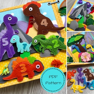 May include: A felt dinosaur-themed quiet book with various dinosaurs and numbers. The book features a blue sky background, grey mountains, and green foliage. The dinosaurs are in shades of purple, green, orange, and brown. The text "PDF Pattern" is also visible.