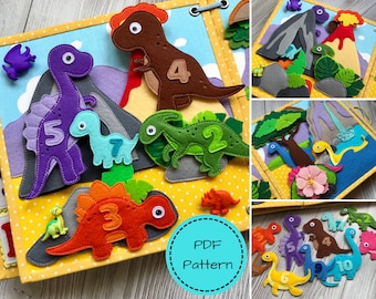 May include: A colorful felt dinosaur-themed quiet book with various dinosaurs and numbers. The book features a blue sky background, gray mountains, and green foliage. The dinosaurs are in shades of purple, green, orange, and brown. The text "PDF Pattern" is also visible.