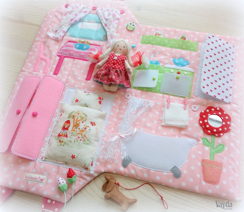 Dollhouse Sewing Pattern & Tutorial DIY Soft Textile Dollhouse with 4 Rooms and 5 inch Doll with Clothes, Portable Doll House Pretend Play image 2