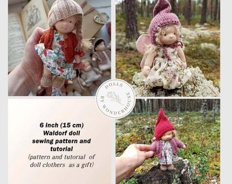 May include: A collection of handmade Waldorf dolls, each approximately 6 inches (15 cm) tall, showcasing various outfits and accessories. The dolls are wearing knitted hats, dresses, and jackets. The image also includes text about a sewing pattern and tutorial.