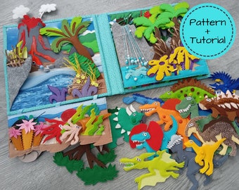 May include: A handmade felt dinosaur-themed quiet book with various scenes, including a volcano, trees, and water. The book features multiple colorful felt dinosaurs and the text "Pattern + Tutorial".