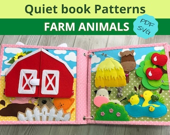 Könnte beinhalten: Ein handgefertigtes Quiet Book mit Filz-Bauernhoftierszenen. Das Buch zeigt eine rote Scheune, einen gelben Heuhaufen, eine Kuh, ein Pferd und einen Teich mit Enten. Der Text "Quiet book Patterns" und "FARM ANIMALS" ist oben zu sehen.