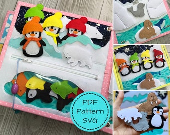 May include: A handmade felt quiet book with an arctic theme. The book features colorful penguins, polar bears, fish, and a walrus. The cover has a zipper and a pink polka dot border. The text "PDF Pattern SVG" is in a circle.