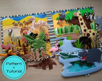 May include: A felt activity book with a safari theme. The open book displays desert and jungle scenes with felt animals including camels, a giraffe, and a hippo. The text "Pattern + Tutorial" is in a blue circle.