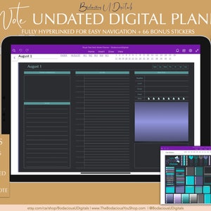 May include: A digital planner for OneNote with a dark gray background and a purple header. The planner is open to August 1st and includes a daily schedule, a to-do list, and a notes section. The planner also includes 66 pre-cropped stickers.