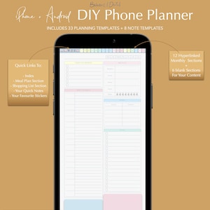 May include: A digital phone planner template for iPhone and Android devices. The template includes 33 planning templates and 8 note templates. The image shows a screen shot of the planner with a meal plan section, a shopping list section, and a notes section. The planner is fully customizable and includes 12 hyperlinked monthly sections and 6 blank sections for your content.
