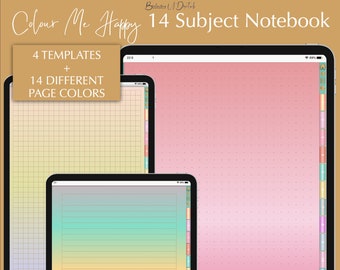 May include: A digital notebook cover with the text "Colour Me Happy 14 Subject Notebook". The cover features four different templates and 14 different page colors. The templates include a grid, lined paper, and a dotted pattern.