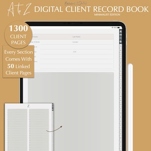 Peut inclure: Un carnet numérique de clients avec 1 300 pages de clients. Le carnet est conçu avec une esthétique minimaliste et présente un fond gris avec du texte noir. Le carnet est affiché sur une tablette avec un stylet.