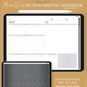 Minimalist Digital Meeting Notebook, 12 Sections Landscape Notebook for GoodNotes, Notability, Xodo, Meeting Notes Template, Meeting Journal