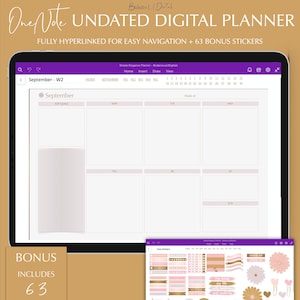 Könnte beinhalten: Ein digitaler Planer für OneNote mit einem rosa und goldenen Farbschema. Der Planer ist undatiert und enthält 63 vorgefertigte Sticker. Der Planer ist vollständig verlinkt für eine einfache Navigation.