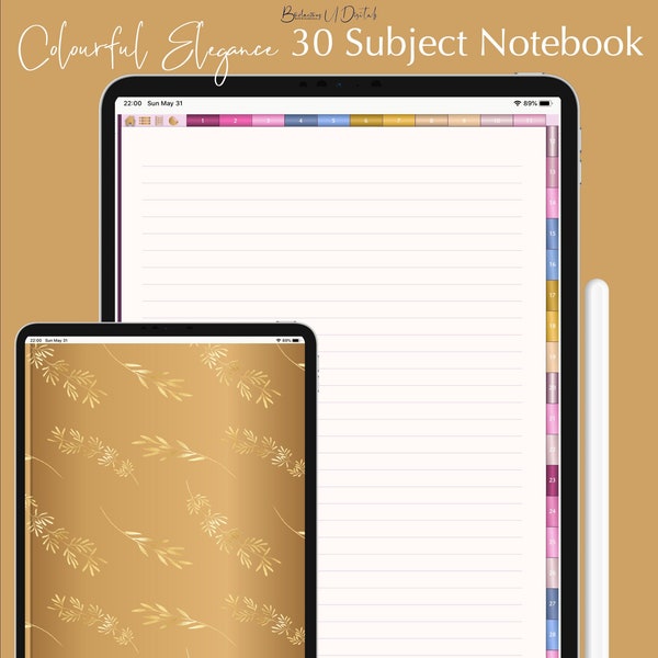 Colourful Elegance 30 Subject Digital Notebook, for GoodNotes, Notability, Xodo, Digital Student Notebook, Digital Journal, hyperlinked tabs