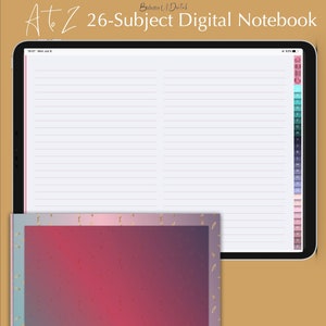 Op de afbeelding: Een digitaal notitieboek met een roze en blauwe gradiëntkleur en gouden bladaccenten. Het notitieboek heeft 26 secties, één voor elke letter van het alfabet. De tekst "AtZ 26-Subject Digital Notebook" staat bovenaan de pagina.