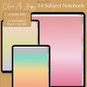 Op de afbeelding: Een digitale notitieboekomslag met de tekst "Colour Me Happy 14 Subject Notebook". De omslag heeft vier verschillende sjablonen en 14 verschillende pagina kleuren. De sjablonen omvatten een raster, gestreept papier en een gestippeld patroon.