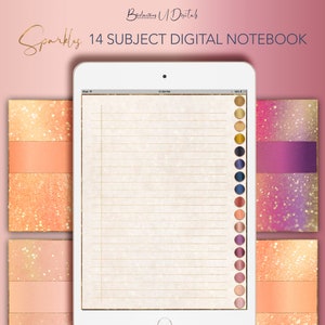 May include: A digital notebook with 14 subjects, featuring a sparkly, glittery background in shades of pink, orange, and purple. The notebook is displayed on a tablet screen with a white background and lined paper.