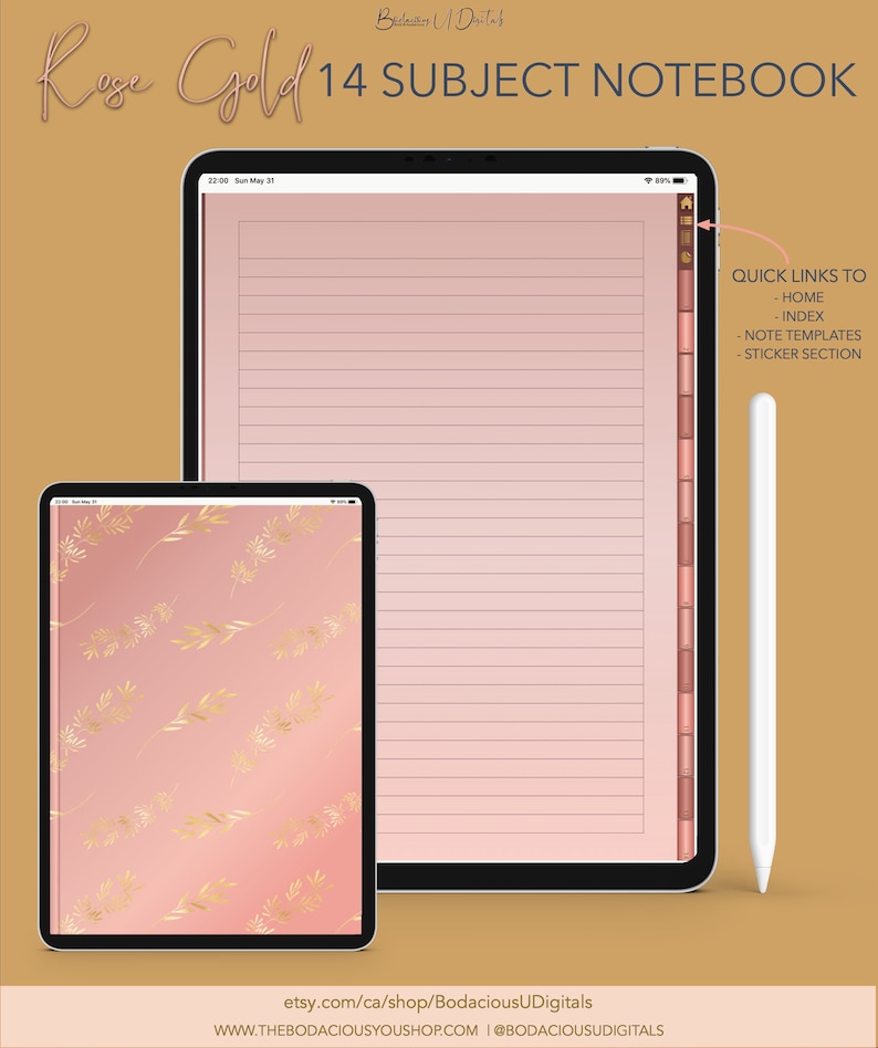 Rose Gold 14 Subject Portrait Digital Notebook With Tabs for Goodnotes ...