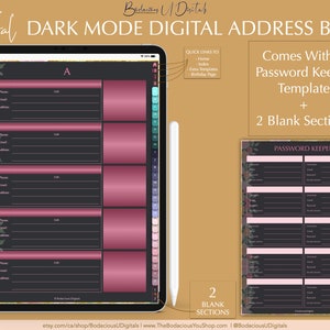 Könnte beinhalten: Ein digitales Adressbuch mit einem floralen Design auf dunklem Hintergrund. Das Adressbuch enthält eine Passwort-Keeper-Vorlage und zwei leere Abschnitte. Der Text "QUICK LINKS TO" ist in der oberen rechten Ecke des Bildes sichtbar.