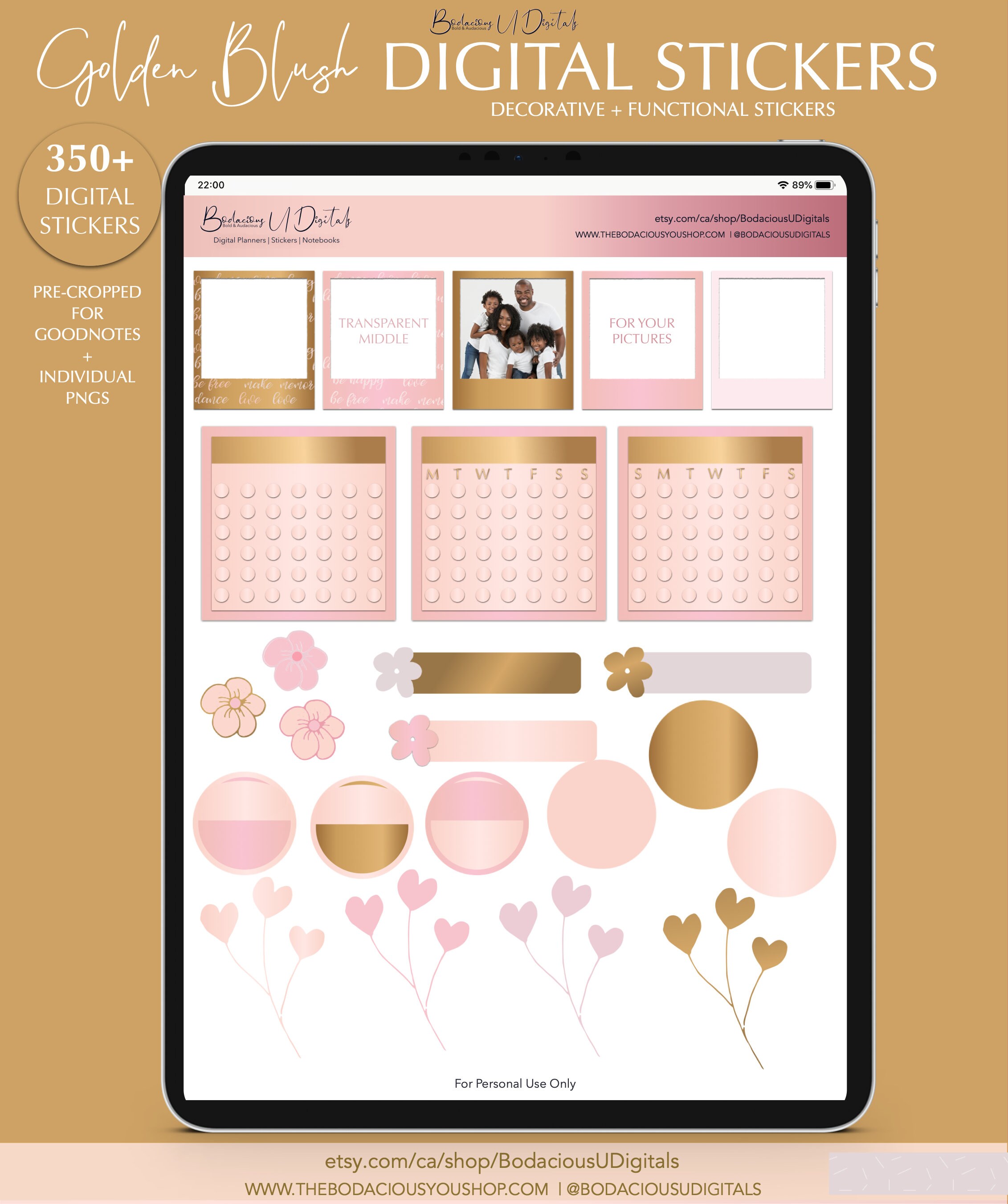 Golden Blush Digital Planner Stickers for Goodnotes, Pink Digital ...
