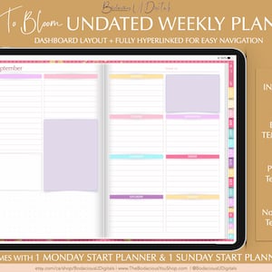 Op de afbeelding: Een digitale planner met een roze en wit bloemenontwerp. De planner is niet gedateerd en bevat 26 bonus sjablonen, 20 planningssjablonen en 6 notitiesjablonen. De planner heeft de titel "Time To Bloom Undated Weekly Planner".