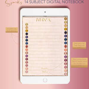 Op de afbeelding: Een digitaal notitieboek met een gouden en witte indexpagina. Het notitieboek heeft 14 secties en bevat klikbare links naar alle secties. Het notitieboek bevat ook een sectie voor stickers en pagina sjablonen.