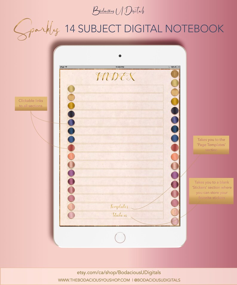 Op de afbeelding: Een digitaal notitieboek met een gouden en witte indexpagina. Het notitieboek heeft 14 secties en bevat klikbare links naar alle secties. Het notitieboek bevat ook een sectie voor stickers en pagina sjablonen.