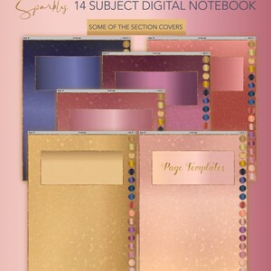 Op de afbeelding: Een digitaal notitieboek met 14 vakken, met een glinsterende gouden achtergrond en een verscheidenheid aan kleurverlopen voor de sectiehoezen. De tekst "Sparkly 14 SUBJECT DIGITAL NOTEBOOK" staat bovenaan de afbeelding. De tekst "SOME OF THE SECTION COVERS" staat onder de titel. De tekst "Page Templates" staat in het midden van de afbeelding. De tekst "etsy.com/ca/shop/BodaciousUDigitals WWW.THEBODACIOUSYOUSHOP.COM | @BODACIOUSUDIGITALS" staat onderaan de afbeelding.