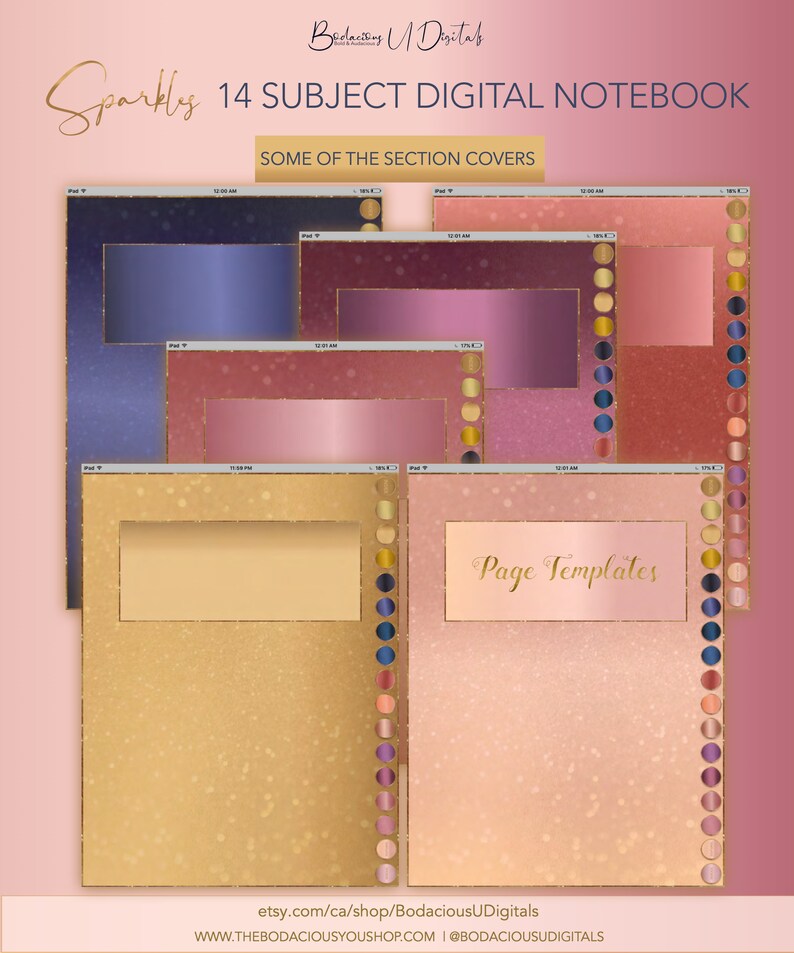 Op de afbeelding: Een digitaal notitieboek met 14 vakken, met een glinsterende gouden achtergrond en een verscheidenheid aan kleurverlopen voor de sectiehoezen. De tekst "Sparkly 14 SUBJECT DIGITAL NOTEBOOK" staat bovenaan de afbeelding. De tekst "SOME OF THE SECTION COVERS" staat onder de titel. De tekst "Page Templates" staat in het midden van de afbeelding. De tekst "etsy.com/ca/shop/BodaciousUDigitals WWW.THEBODACIOUSYOUSHOP.COM | @BODACIOUSUDIGITALS" staat onderaan de afbeelding.